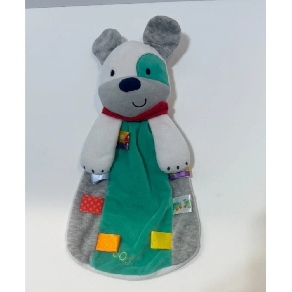 Taggies‎ Security Blanket Lovey Rattle Puppy Dog Plush Baby WOOF! Turquoise Gray